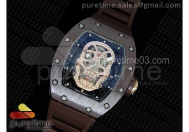 RM052 Brown Ceramic Full Paved Diamonds Skull Dial on Brown Rubber Strap MIYOTA8215