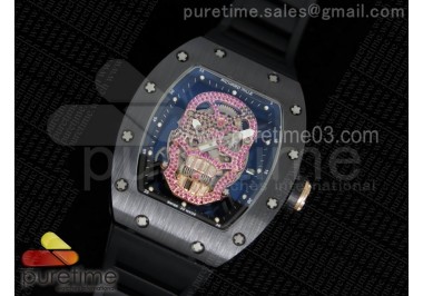 RM052 Black Ceramic Full Paved Pink Diamonds Skull Dial on Black Rubber Strap MIYOTA8215