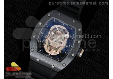 RM052 Black Ceramic Full Paved Diamonds Skull Dial Style 2 on Black Rubber Strap MIYOTA8215