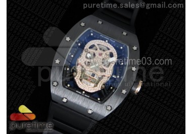 RM052 Black Ceramic Full Paved Diamonds Skull Dial Style 1 on Black Rubber Strap MIYOTA8215