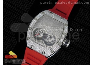 RM053 SS Fake Tourbillon Full Paved Diamonds Skeleton Dial on Red Rubber Strap A2824