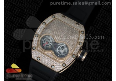 RM053 RG Fake Tourbillon Full Paved Diamonds Skeleton Dial on Black Rubber Strap A2824