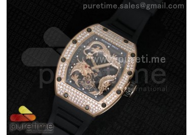 RM057 Dragon-Jackie Chan RG Rose Gold Dragon Dial Diamonds Bezel on Black Rubber Strap A2824