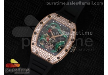 RM057 Dragon-Jackie Chan RG Green Dragon Dial Diamonds Bezel on Black Rubber Strap A2824