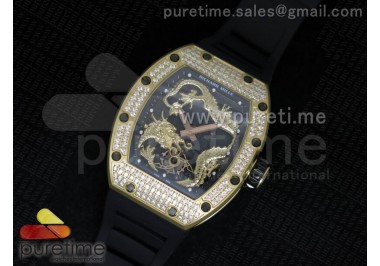 RM057 Dragon-Jackie Chan YG Yellow Gold Dragon Dial Diamonds Bezel on Black Rubber Strap A2824