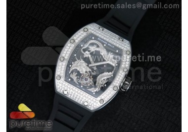 RM057 Dragon-Jackie Chan SS Silver Dragon Dial Diamonds Bezel on Black Rubber Strap A2824