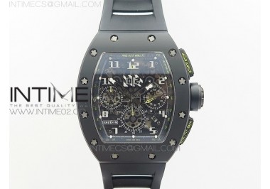 RM011 Carbon Case Chronograph KVF 1:1 Best Edition Ceramic Bezel Skeleton Dial on Black Rubber Strap A7750