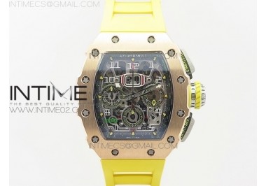 RM011 RG Chronograph RG Case KVF 1:1 Best Edition Crystal Skeleton Dial on Yellow Rubber Strap A7750