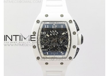 RM011 Carbon Case Chronograph KVF 1:1 Best Edition White Ceramic Bezel Skeleton Dial on White Rubber Strap A7750