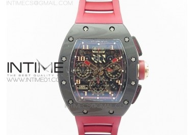 RM011 Carbon Case Chronograph KVF 1:1 Best Edition Carbon Bezel Skeleton Dial on Red Rubber Strap A7750