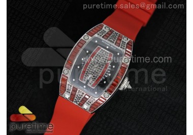 RM 007 Lady SS Full Paved Red Crystal Case Diamonds Dial on Red Rubber Strap 6T51