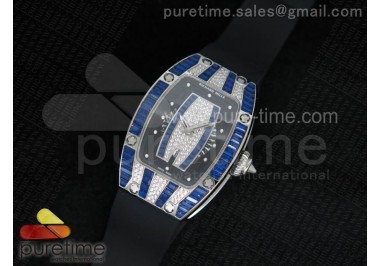 RM 007 Lady SS Full Paved Blue Crystal Case Diamonds Dial on Black Rubber Strap 6T51