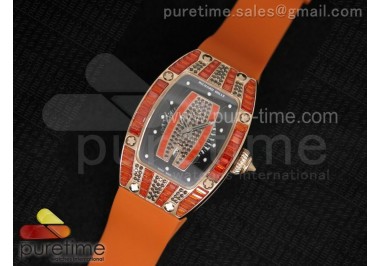 RM 007 Lady RG Full Paved Orange Crystal Case Diamonds Dial on Orange Rubber Strap 6T51