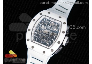 RM011 Real White Ceramic Case Chronograph KVF 1:1 Best Edition Crystal Skeleton Dial on White Rubber Strap A7750