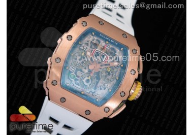 RM011 RG Chronograph RG Case KVF 1:1 Best Edition Crystal Skeleton Dial on White Rubber Strap A7750