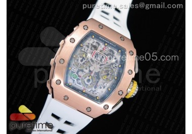 RM011 RG Chronograph SS Case KVF 1:1 Best Edition Crystal Skeleton Dial on White Rubber Strap A7750