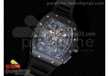 RM011 Real Ceramic Case Chronograph KVF 1:1 Best Edition Crystal Skeleton Dial Black on Black Rubber Strap A7750