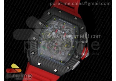 RM11-03 Chrono PVD Forged Carbon Bezel and Caseback Skeleton Dial on Red Rubber Strap A7750