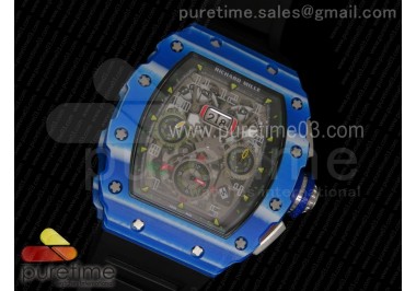 RM11-03 Chrono PVD Blue Plastic Bezel and Caseback Skeleton Dial on Black Rubber Strap A7750