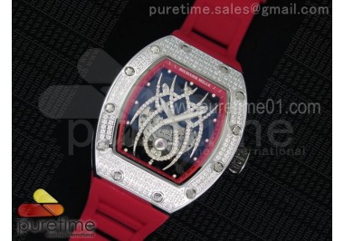 RM 19-01 Tourbillon SS Full Paved Diamonds Case Skeleton Spider Dial on Red Rubber Strap 6T51