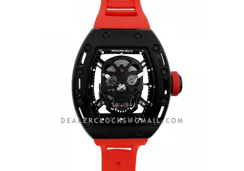 RM 052 01 Tourbillon Black Skull in PVD on Red Rubber Strap