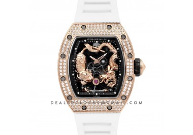 RM 051-01 Tourbillion Tiger and Dragon in Rose Gold with Diamond Bezel on White Rubber Strap