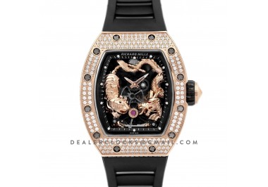 RM 051-01 Tourbillion Tiger and Dragon in Rose Gold with Diamond Bezel on Black Rubber Strap