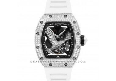 RM 057-02 Tourbillon “The Falcon” in White Gold with Diamond Bezel on White Rubber Strap