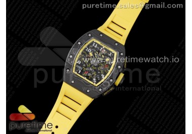 RM011 NTPT Carbon Chrono KVF 1:1 Best Edition Crystal Skeleton Dial Yellow Inner Bezel on Yellow Rubber Strap A7750