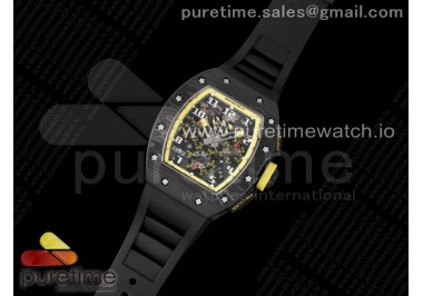 RM011 NTPT Carbon Chrono KVF 1:1 Best Edition Crystal Skeleton Dial Yellow Inner Bezel on Black Rubber Strap A7750